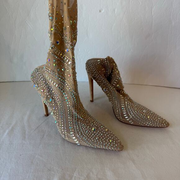 Azalea Wang Opry Sock Bootie 8 Beige Stiletto Rhinestone Embellished Gems - Picture 4 of 10